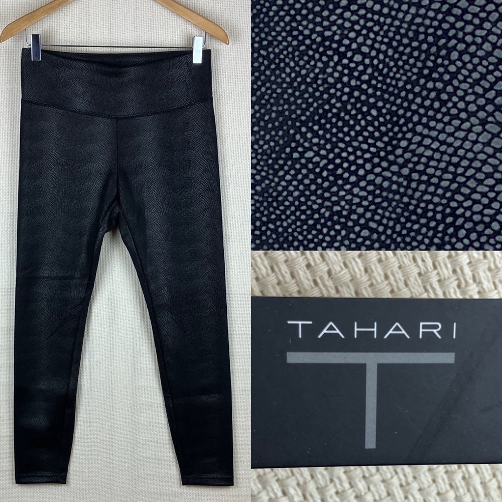 TAHARI Faux Leather Leggings Black Snakeskin Print PETITE Small NWT